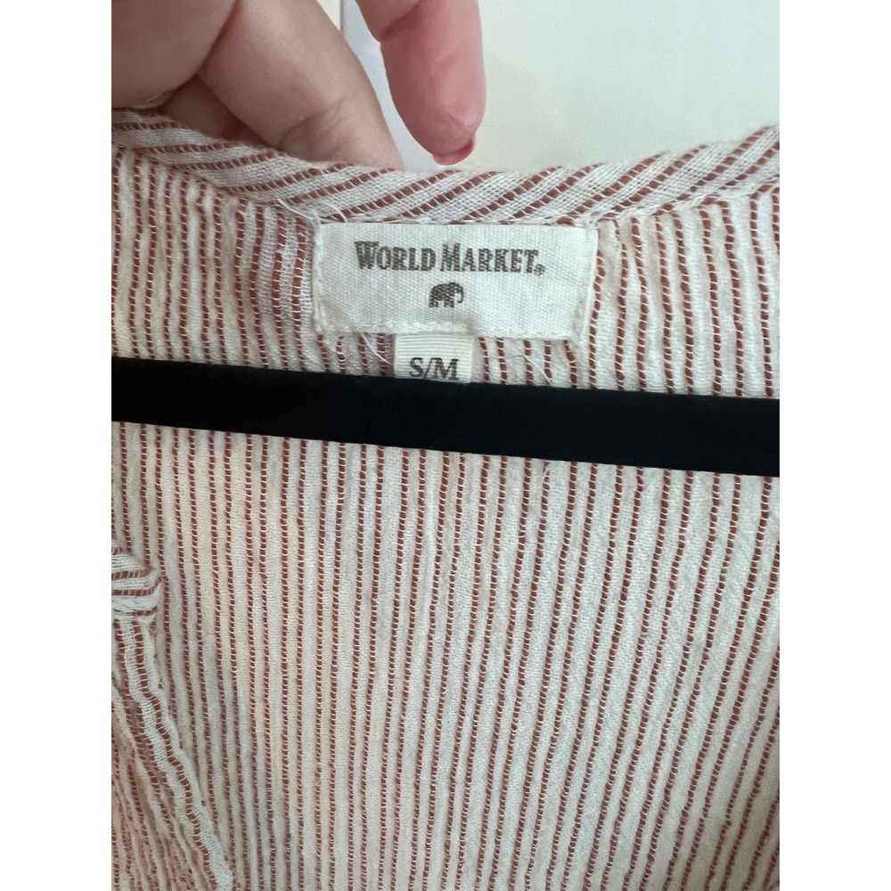World Market Striped V-Neck Wide Leg Jumpsuit Beige Red S/M Boho Crinkle Pockets - Picture 4 of 10